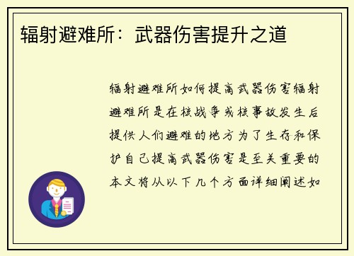 辐射避难所：武器伤害提升之道